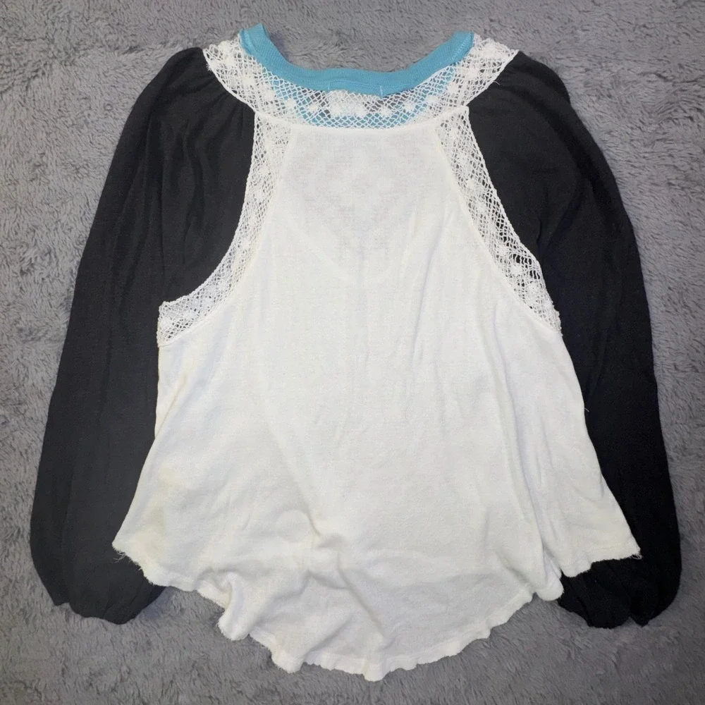 We The Free People Boho Lace Yoke Linen Swing Top Puff Sleeve Shirt Womens Small